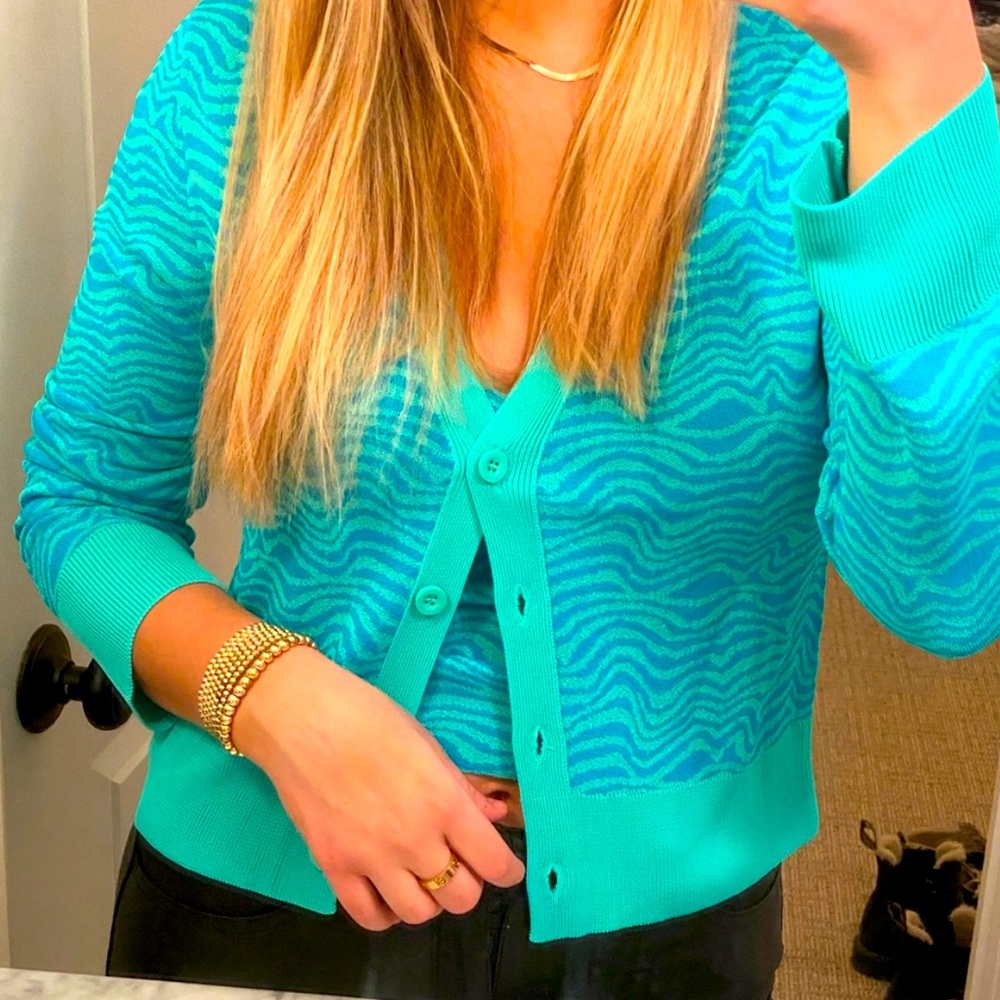New Zara Blue Turquoise Waves Jacquard Zebra Print Knit Cropped Cardigan - Picture 2 of 13